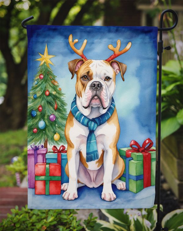 American Bulldog Christmas Garden Flag – Dog in Reindeer Antlers with Tree & Gifts Sale - Image 3