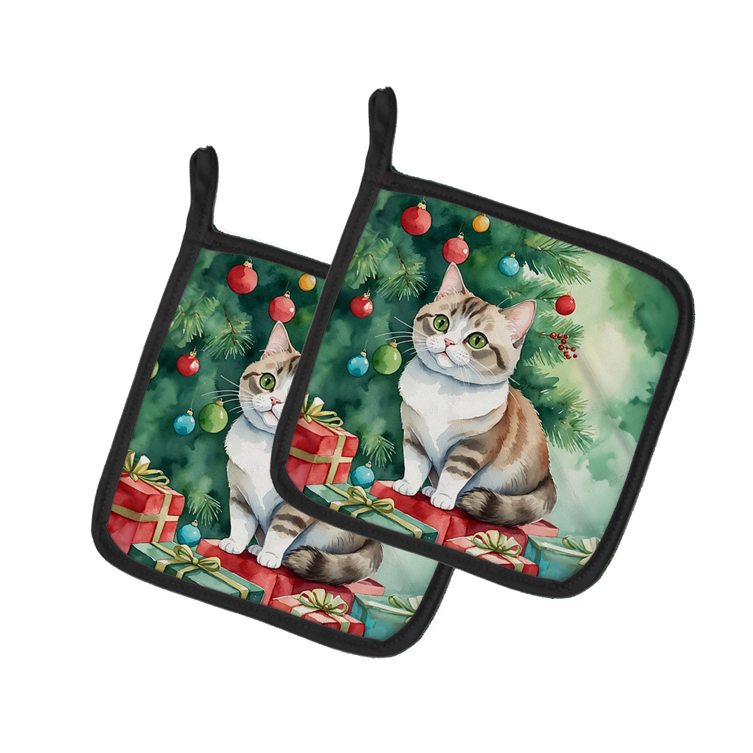 Munchkin Cat By the Christmas Tree Pair of Pot Holders Online Sale
