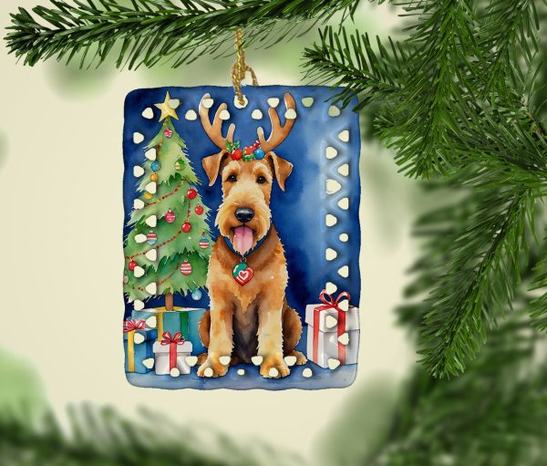 Airedale Terrier Christmas Reindeer Porcelain Ornament Online Sale - Image 2