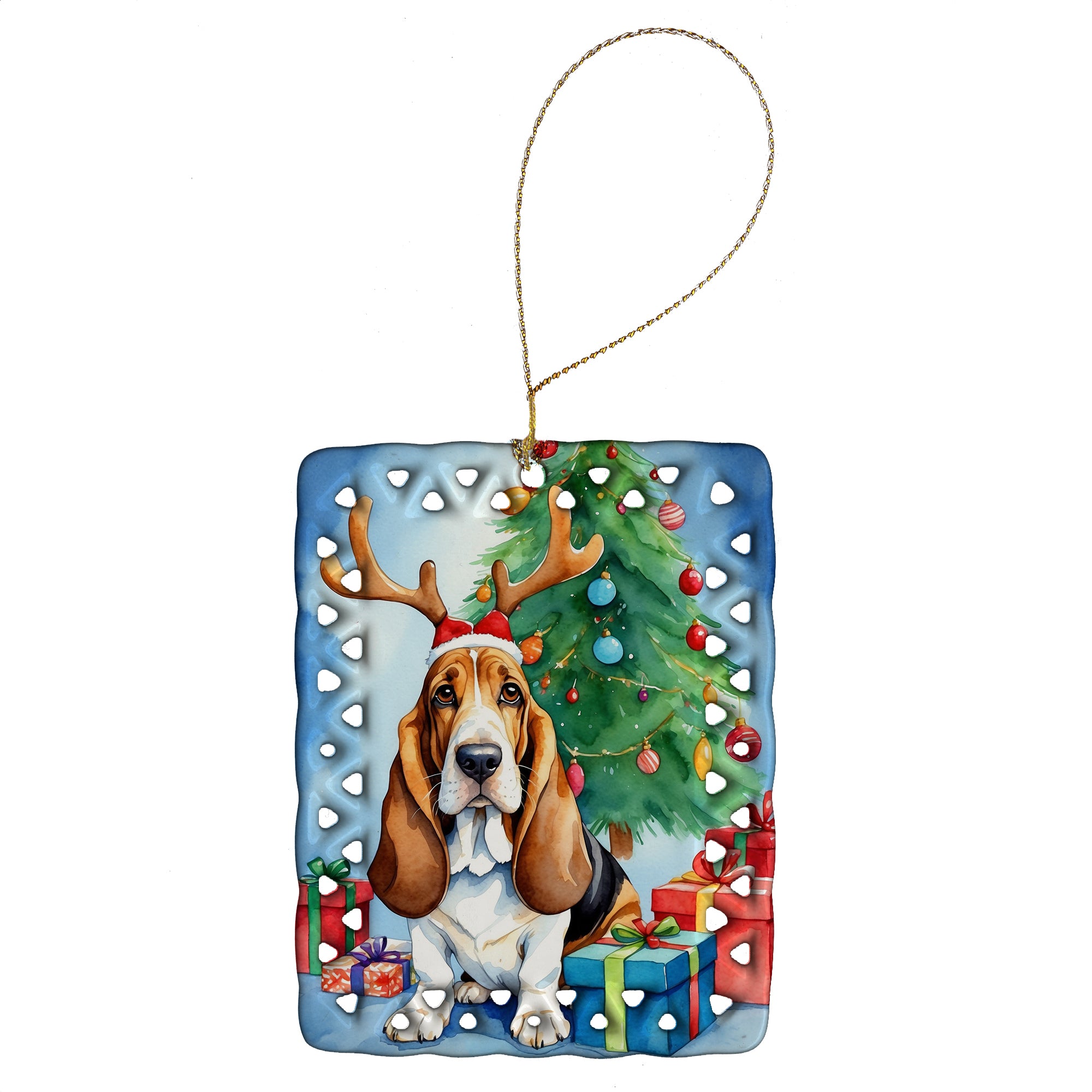 Basset Hound Christmas Reindeer Porcelain Ornament For Sale