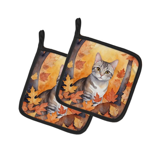 European Shorthair Cat in Fall Leaves Pair of Pot Holders Online