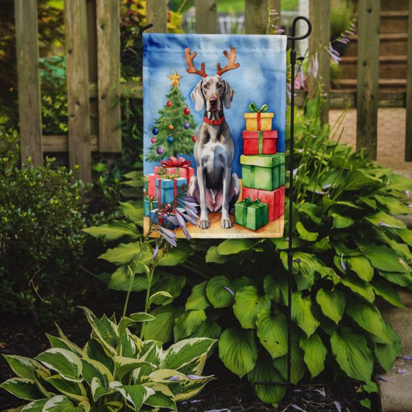 Weimaraner Christmas Garden Flag – Dog in Reindeer Antlers with Tree & Gifts Supply - Image 2
