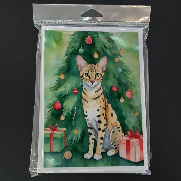 Savannah Cat By the Christmas Tree Greeting Cards Pack of 8 For Sale - Image 3