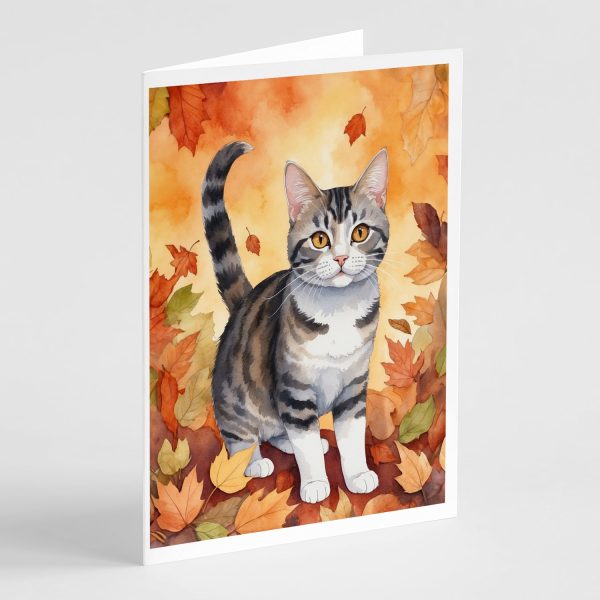 American Wirehair Cat in Fall Leaves Greeting Cards Pack of 8 For Sale