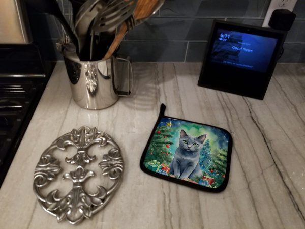Russian Blue Cat By the Christmas Tree Pair of Pot Holders Online Sale - Image 3