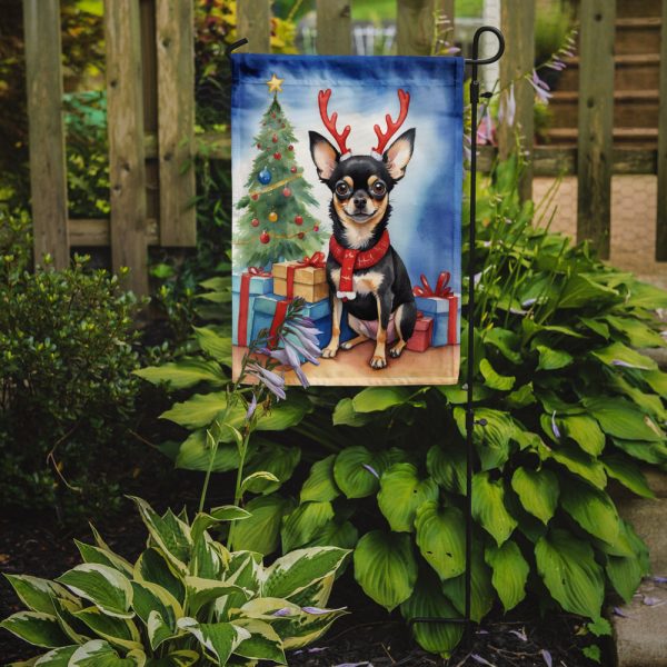 Black and Tan Chihuahua Christmas Garden Flag – Dog in Reindeer Antlers with Tree & Gifts Sale - Image 2