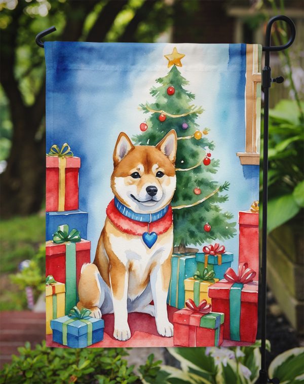 Shiba Inu Christmas Garden Flag – Dog in Reindeer Antlers with Tree & Gifts Online Sale - Image 3