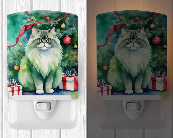Persian Cat By the Christmas Tree Ceramic Night Light Hot on Sale - Image 2