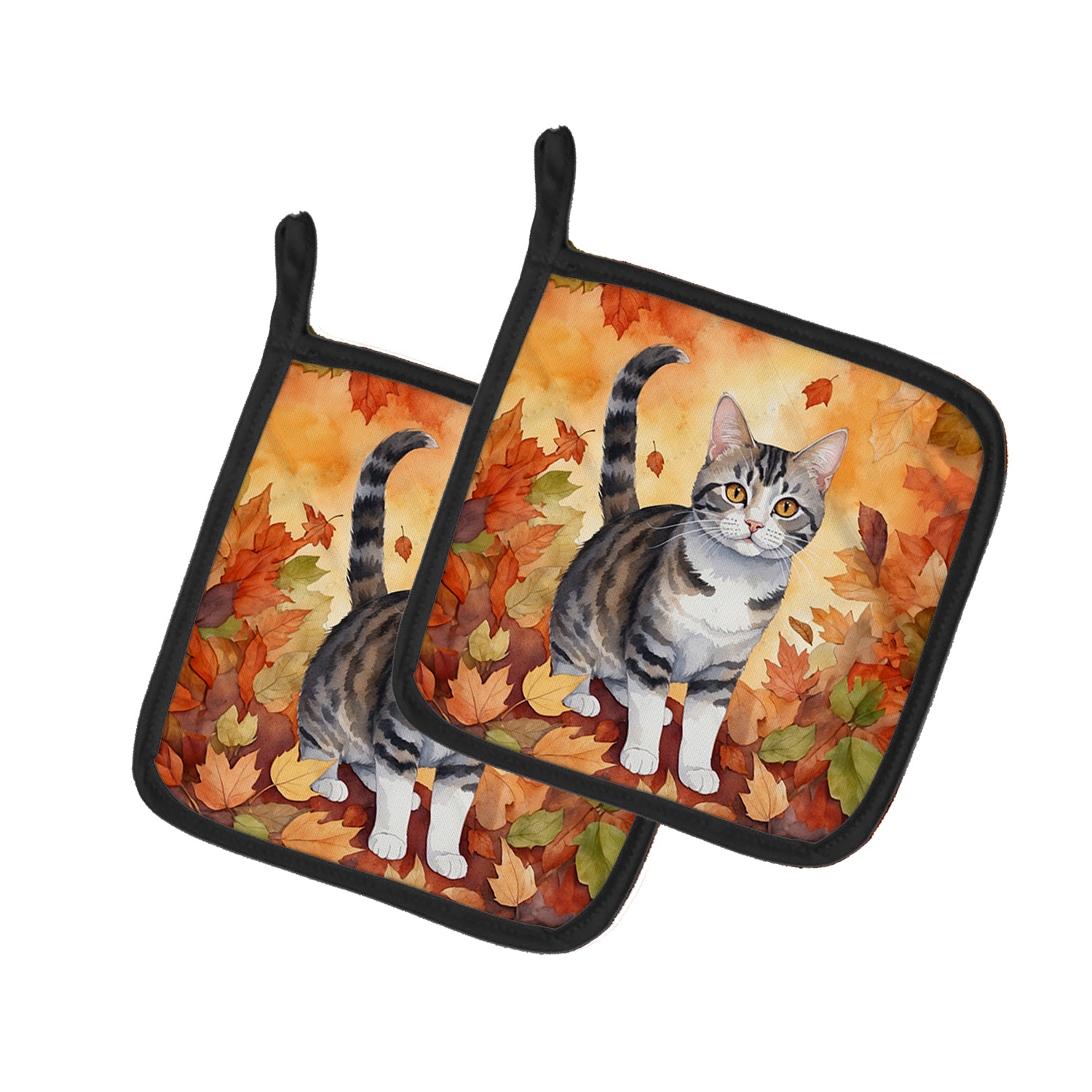 American Wirehair Cat in Fall Leaves Pair of Pot Holders Online now