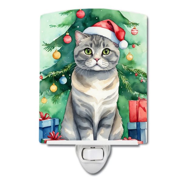 Scottish Fold Cat By the Christmas Tree Ceramic Night Light Online Hot Sale