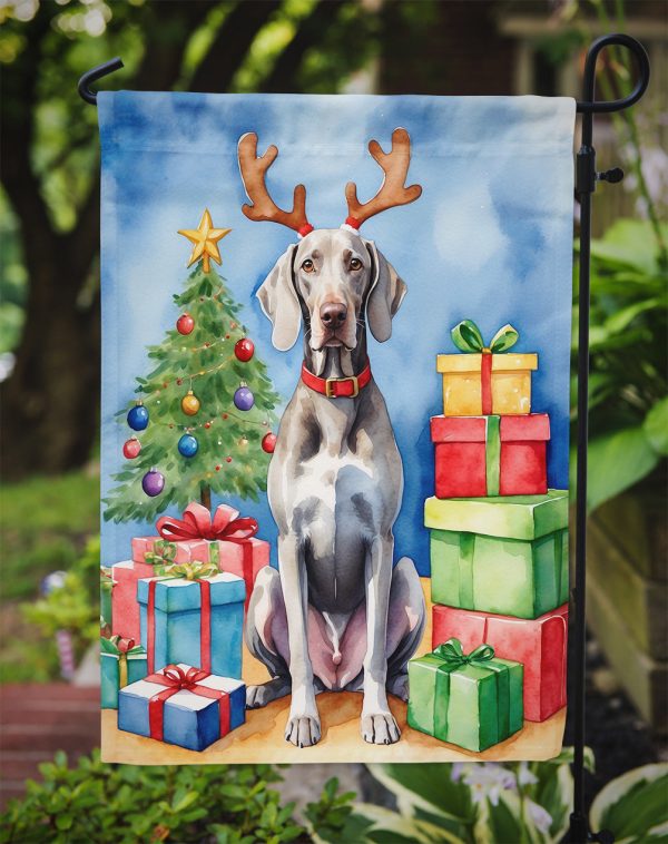 Weimaraner Christmas Garden Flag – Dog in Reindeer Antlers with Tree & Gifts Supply - Image 3