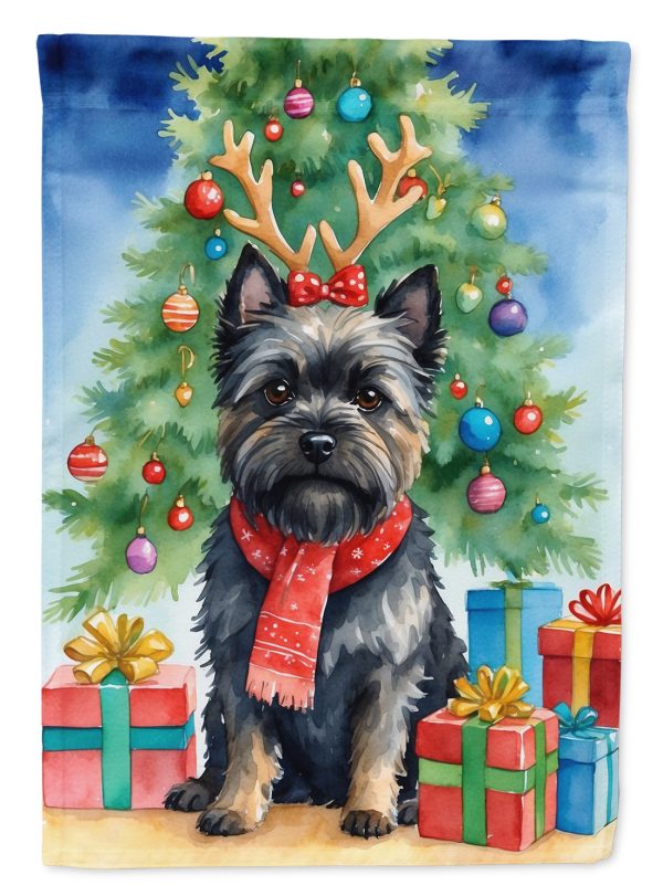 Black Cairn Terrier Christmas Garden Flag – Dog in Reindeer Antlers with Tree & Gifts Online