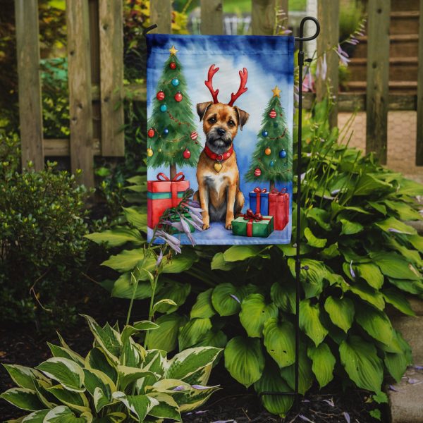 Border Terrier Christmas Garden Flag – Dog in Reindeer Antlers with Tree & Gifts Online now - Image 2