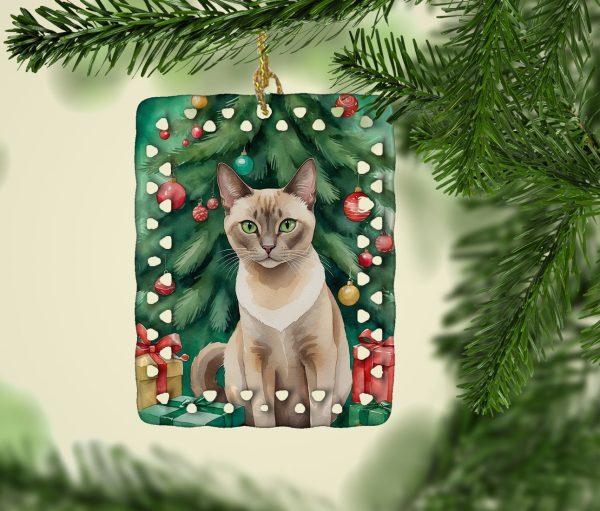 Tonkinese Cat By the Christmas Tree Porcelain Ornament Online - Image 2