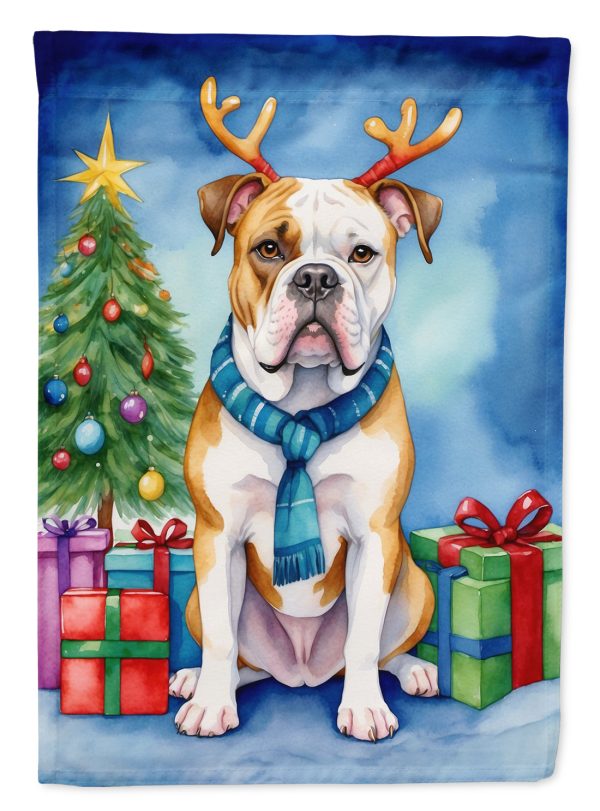 American Bulldog Christmas Garden Flag – Dog in Reindeer Antlers with Tree & Gifts Sale