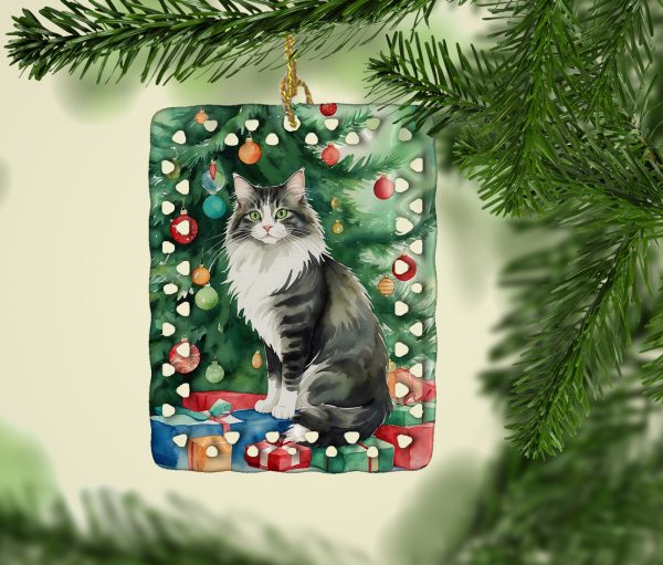 Norwegian Forest Cat By the Christmas Tree Porcelain Ornament Cheap - Image 2