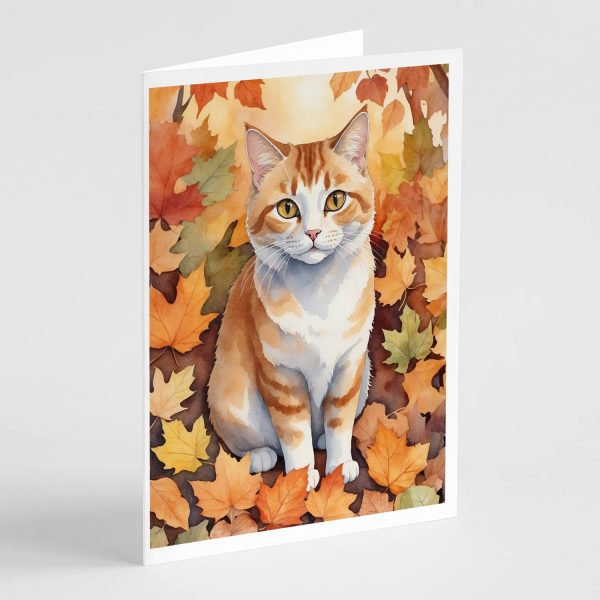 Manx Cat in Fall Leaves Greeting Cards Pack of 8 Online Hot Sale