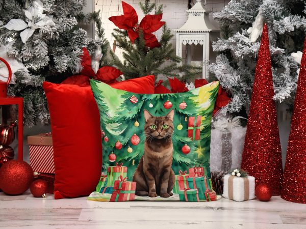 York Chocolate Cat By the Christmas Tree Throw Pillow Cheap - Image 2