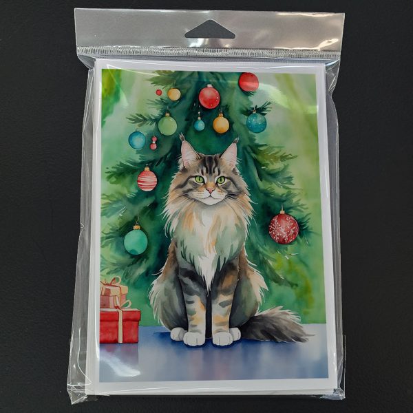 MaineCoon Cat By the Christmas Tree Greeting Cards Pack of 8 Cheap - Image 3