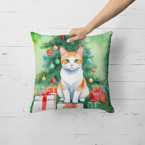 Japanese Bobtail Cat By the Christmas Tree Throw Pillow Online - Image 3