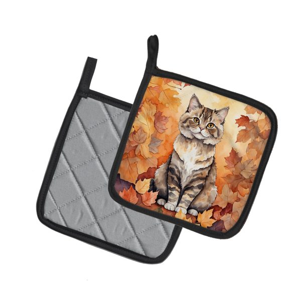 Selkirk Rex Cat in Fall Leaves Pair of Pot Holders For Discount - Image 2