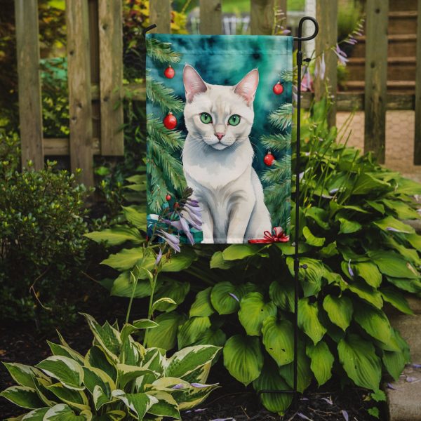 Foreign White Cat Christmas Garden Flag - Cat by the Christmas Tree - Cat-Themed Holiday Yard Decor Hot on Sale - Image 2