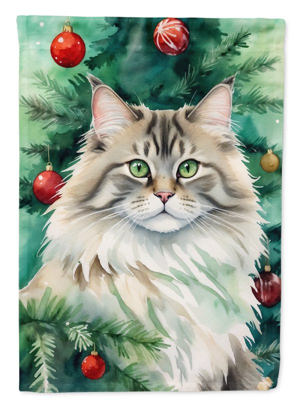Siberian Cat By the Christmas Tree House Flag on Sale