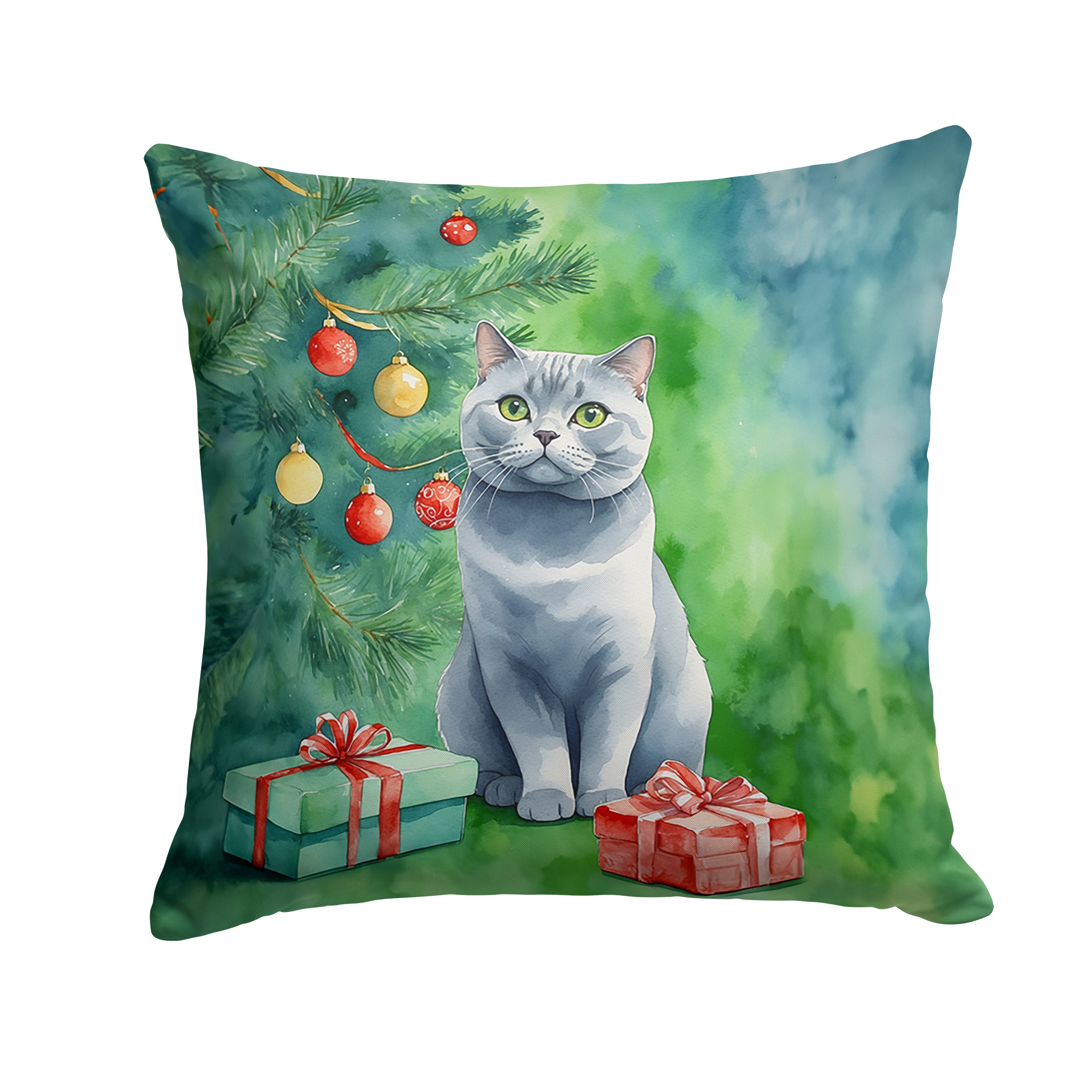 British Shorthair Cat By the Christmas Tree Throw Pillow Online