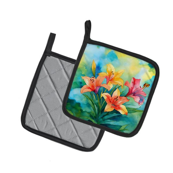 Lilies in Watercolor Pair of Pot Holders on Sale - Image 2