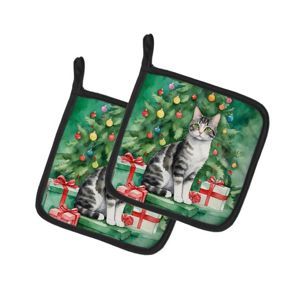 American Wirehair Cat By the Christmas Tree Pair of Pot Holders on Sale