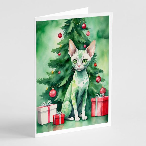Devon Rex Cat By the Christmas Tree Greeting Cards Pack of 8 Cheap