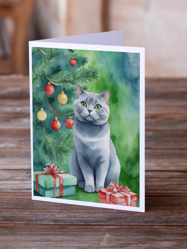 British Shorthair Cat By the Christmas Tree Greeting Cards Pack of 8 Fashion - Image 2