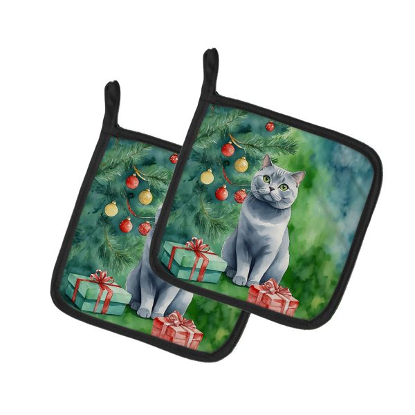 British Shorthair Cat By the Christmas Tree Pair of Pot Holders Online now