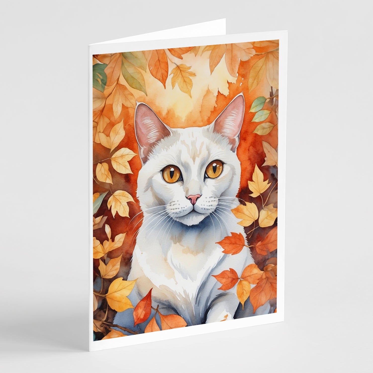 Khao Manee Cat in Fall Leaves Greeting Cards Pack of 8 Online Hot Sale