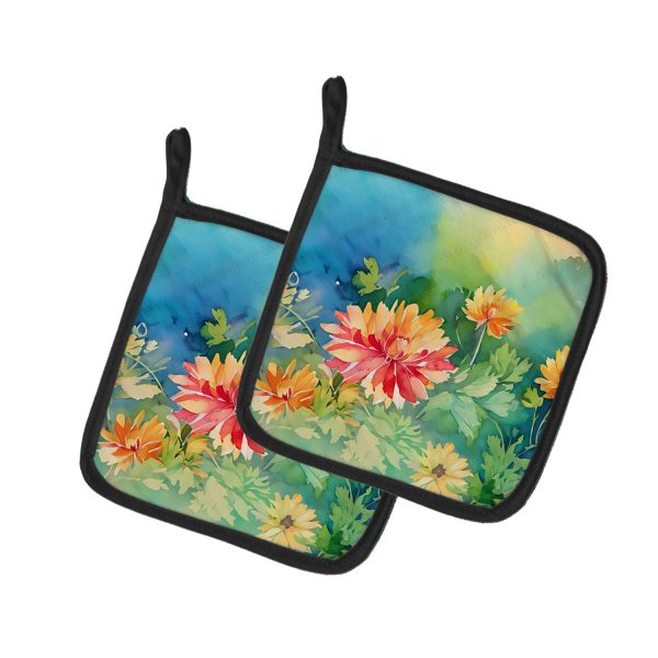 Chrysanthemums in Watercolor Pair of Pot Holders For Cheap
