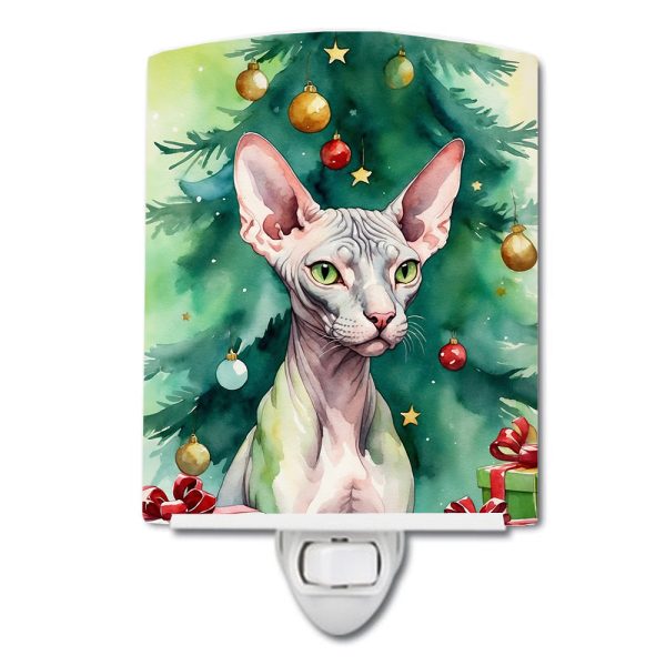 Donskoy Don Sphynx Cat By the Christmas Tree Ceramic Night Light Discount