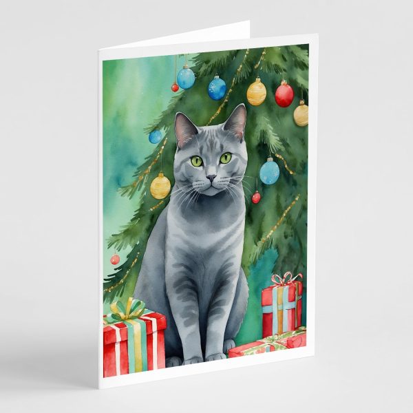 Chartreux Cat By the Christmas Tree Greeting Cards Pack of 8 Online now