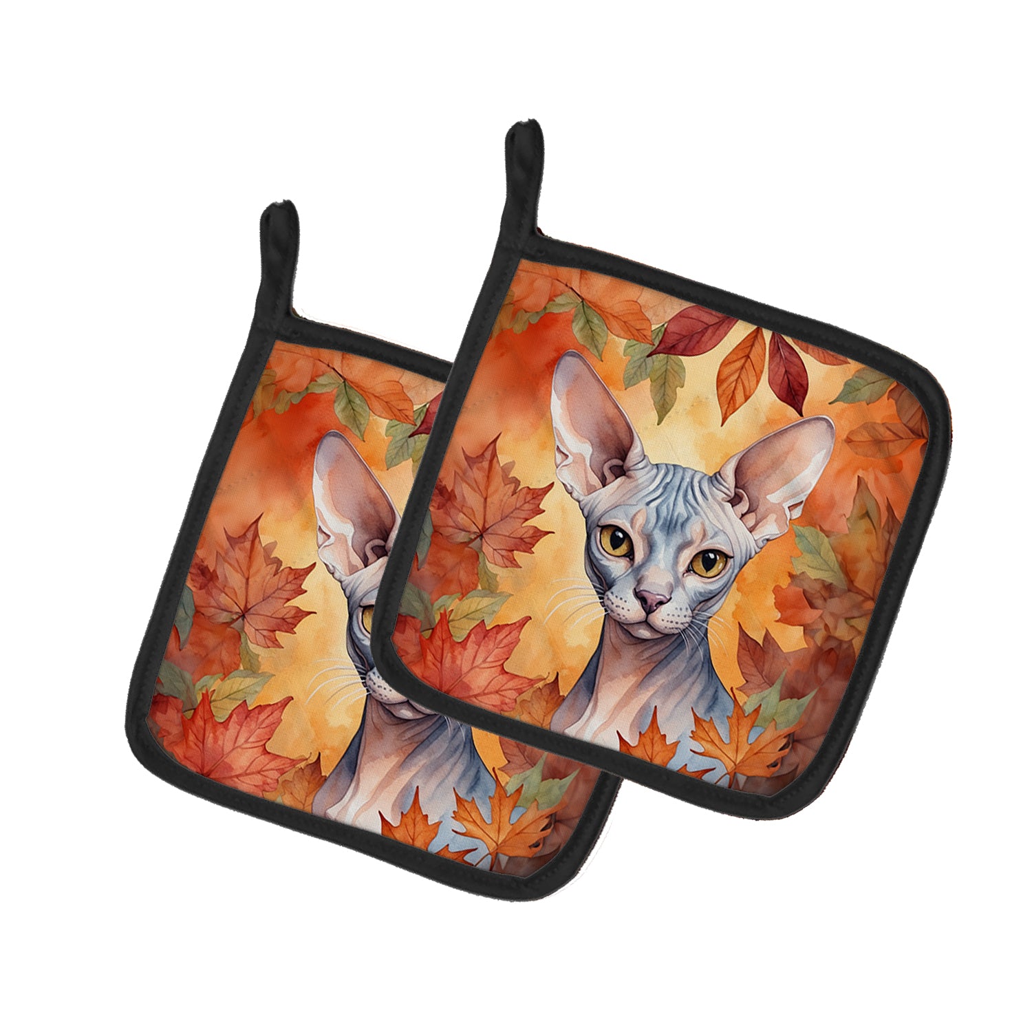 Sphynx Cat in Fall Leaves Pair of Pot Holders For Sale