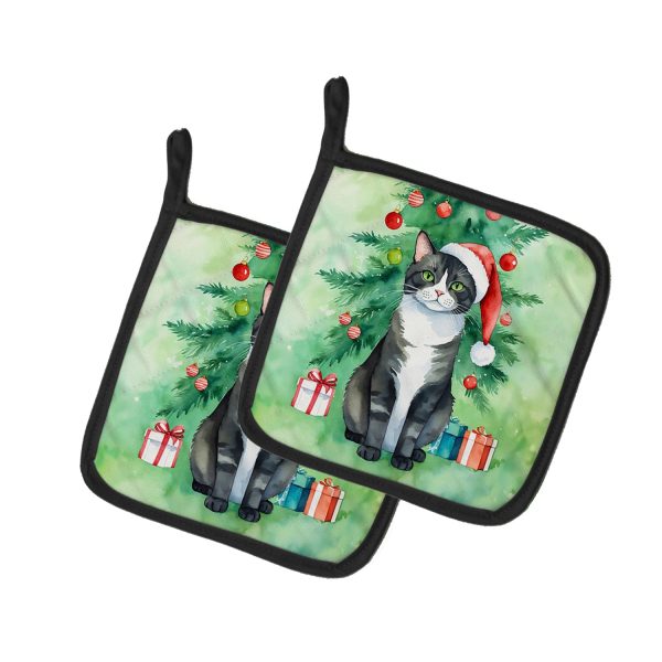 American Polydactyl Cat By the Christmas Tree Pair of Pot Holders on Sale