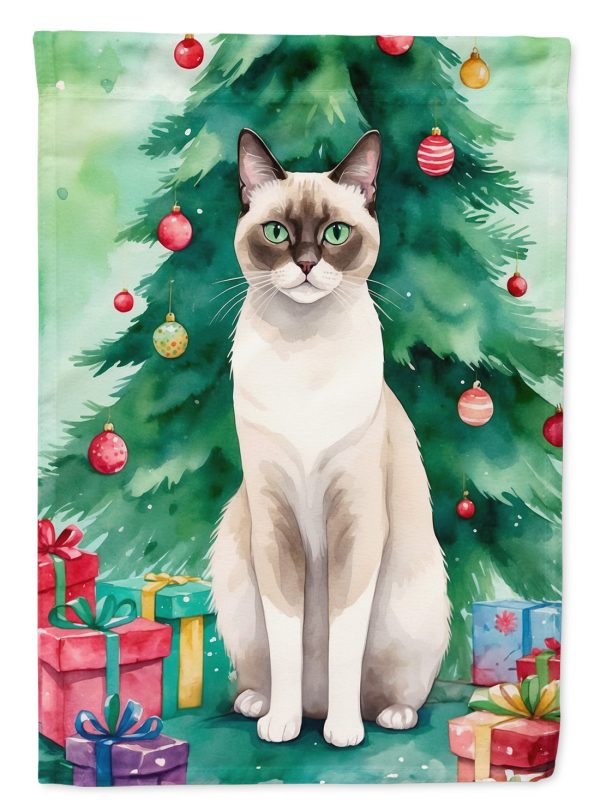Snowshoe Cat Christmas Garden Flag - Cat by the Christmas Tree - Cat-Themed Holiday Yard Decor For Sale