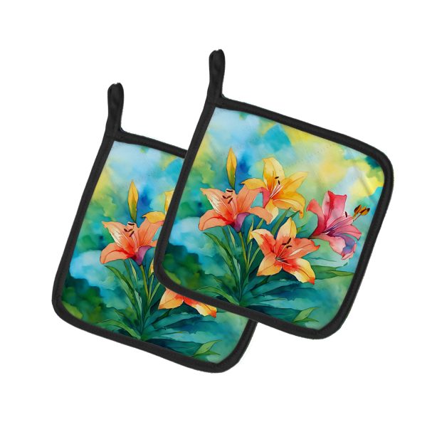 Lilies in Watercolor Pair of Pot Holders on Sale