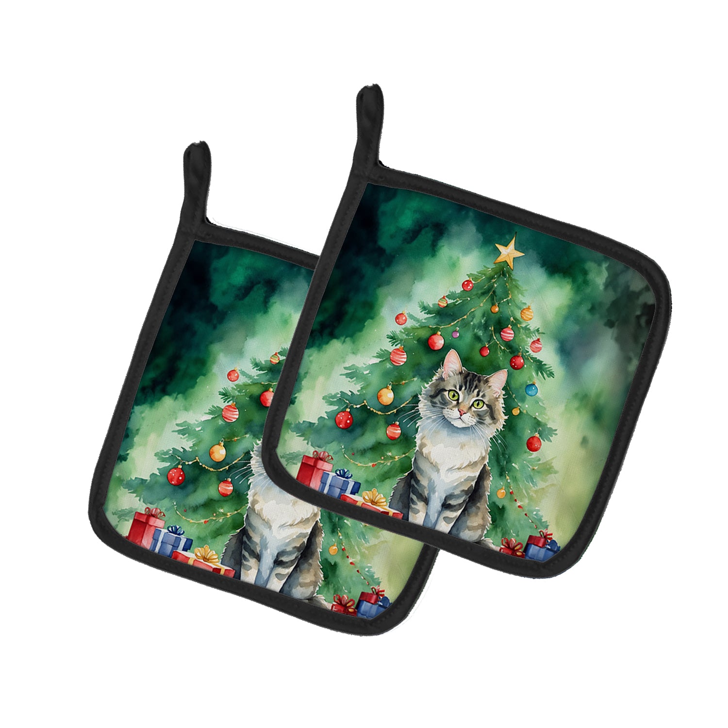 La Perm Cat By the Christmas Tree Pair of Pot Holders Online Hot Sale