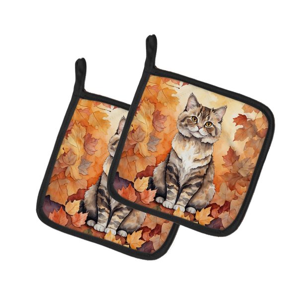 Selkirk Rex Cat in Fall Leaves Pair of Pot Holders For Discount