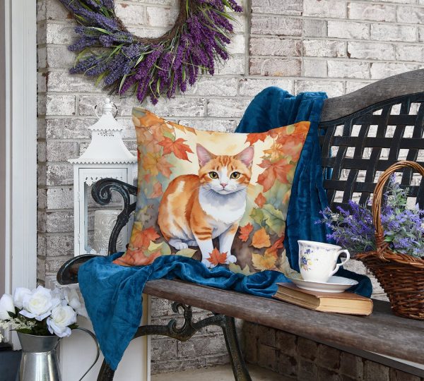 Japanese Bobtail Cat in Fall Leaves Throw Pillow Online now - Image 4