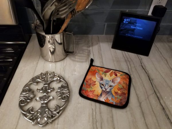 Sphynx Cat in Fall Leaves Pair of Pot Holders For Sale - Image 3