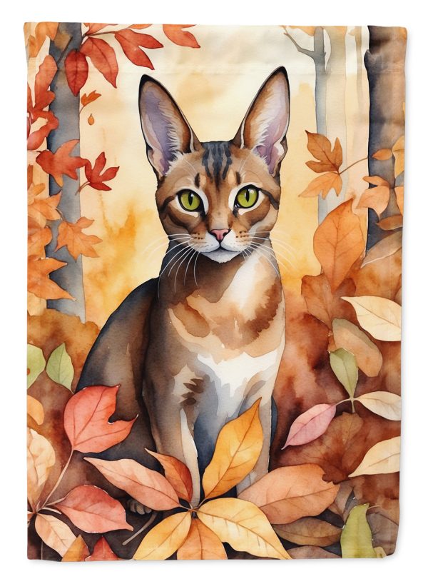 Abyssinian Cat in Fall Leaves House Flag For Discount