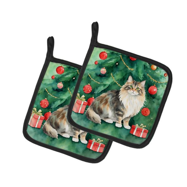 Cymric Cat By the Christmas Tree Pair of Pot Holders Online Sale