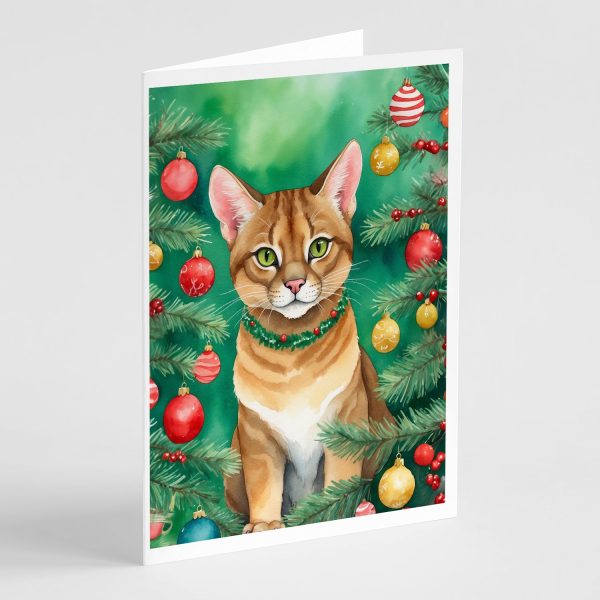 Chausie Cat By the Christmas Tree Greeting Cards Pack of 8 Discount
