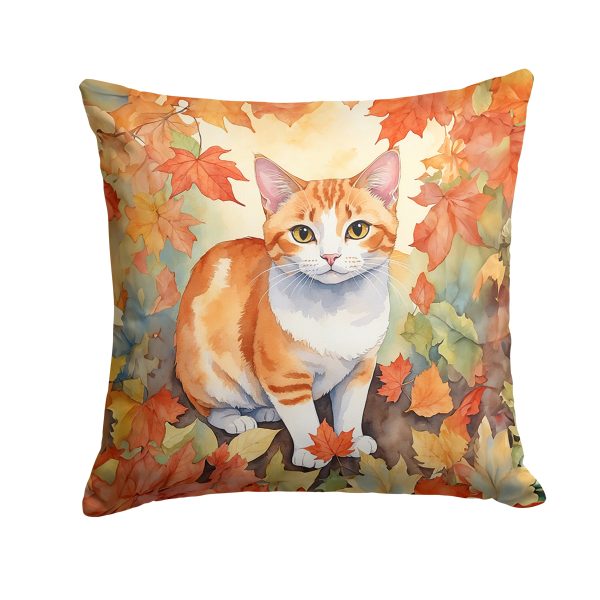 Japanese Bobtail Cat in Fall Leaves Throw Pillow Online now