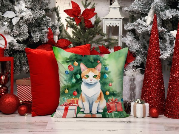 Japanese Bobtail Cat By the Christmas Tree Throw Pillow Online - Image 2
